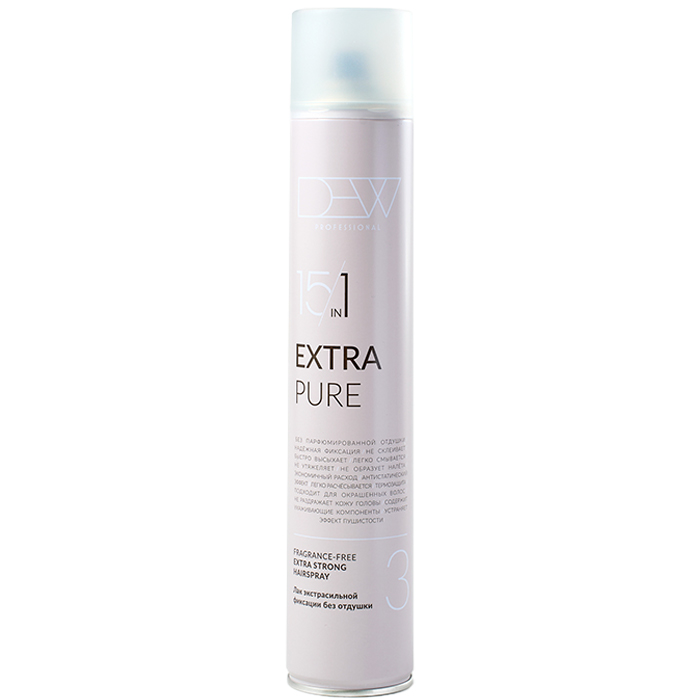 Dew Professional Extra Pure  15 в 1 Лак без отдушки для волос экстрасильной фиксации 500 мл.
